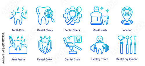 Dental Problems icon set representing oral issues,diagnostics and treatment support elements suitable for dental and healthcare design