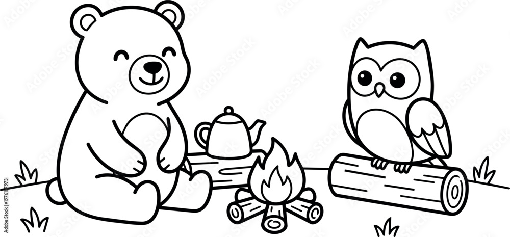 Obraz premium Black and white line art bear and owl sitting by campfire with kettle on log