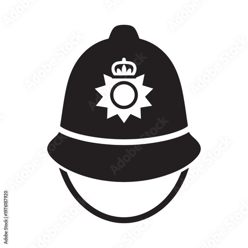 A minimalist black silhouette depicting a traditional british police helmet