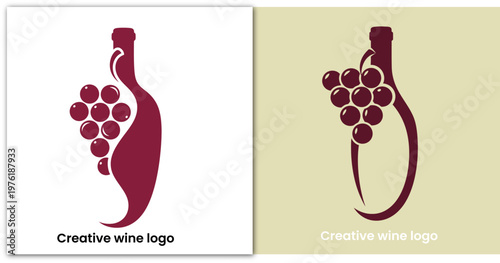 Creative wine bottle and grape logo design, abstract grape bunch forming a bottle shape, wine industry concept.
