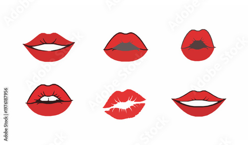 Minimalist red female lips vector set with romantic kiss and beauty expressions for makeup and fashion design