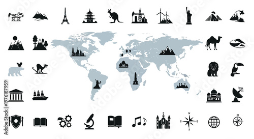 Global icons representing diverse cultures, landmarks, nature, and human achievements Vector