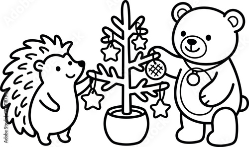 Black and white line art teddy bear and hedgehog decorating small christmas tree