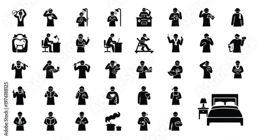 Daily routine activities depicted through simple black and white icons Vector