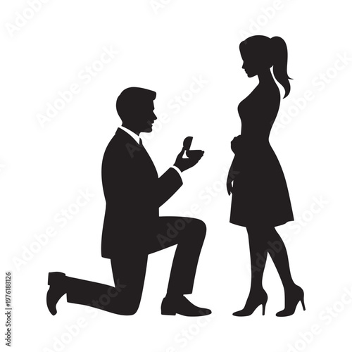 A man proposing marriage to a woman in a silhouetted romantic scene
