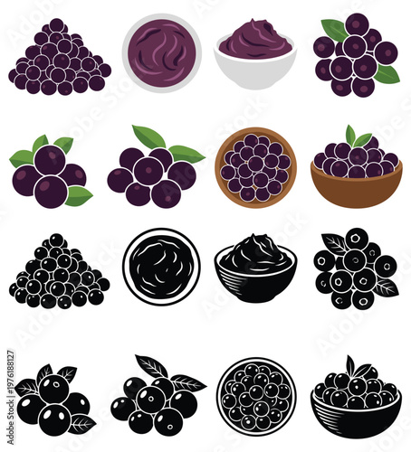 Acai berries whole in bowls puree and leaves on checkered background.