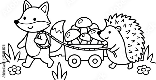 Black and white line art fox and hedgehog pulling wagon with mushrooms