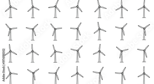 Variations in wind turbine blade designs and orientations in a grid layout Vector