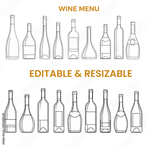 Wine menu editable and resizable collection of bottle outlines, various shapes of alcoholic beverage containers, vector art.