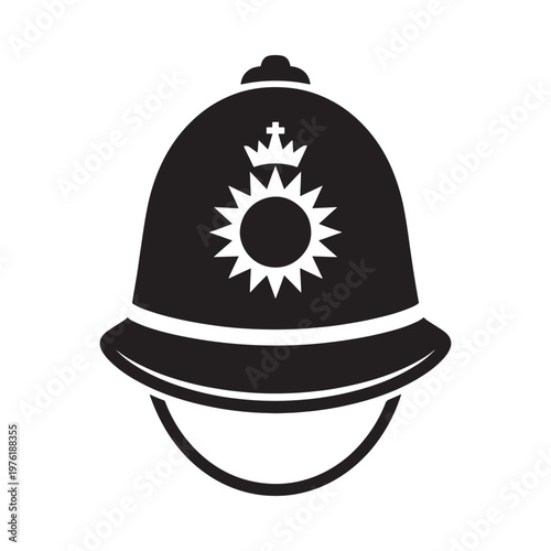 A stylized black and white illustration of a traditional police helmet