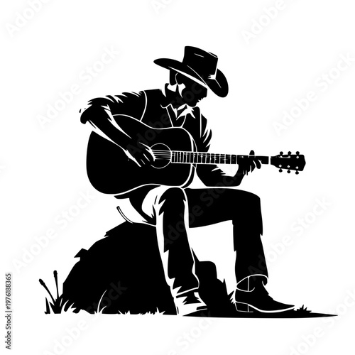 Vector illustration of a cowboy playing an acoustic guitar outdoors