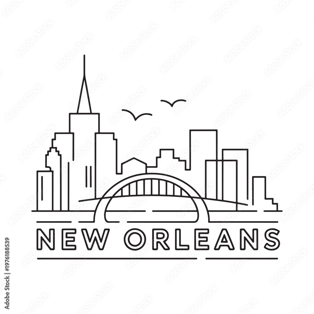 Obraz premium Line art illustration of the new orleans skyline with bridge and birds
