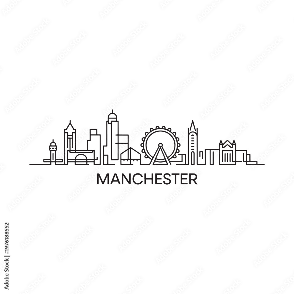 Fototapeta premium Minimalist line art depicts the manchester skyline with iconic structures