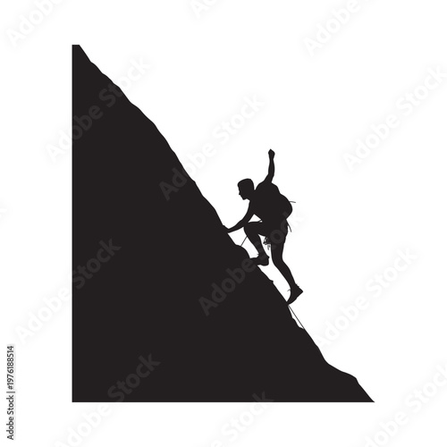 Silhouette of a climber ascending a steep rocky mountain slope