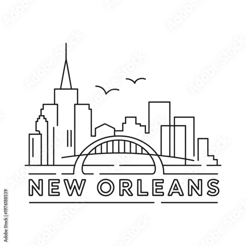Line art illustration of the new orleans skyline with bridge and birds