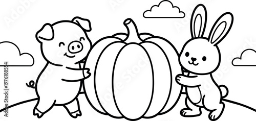 Happy pig and rabbit holding large pumpkin with clouds line art