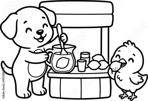 Cute puppy stirring lemonade at stand with chick drinking juice black and white line art