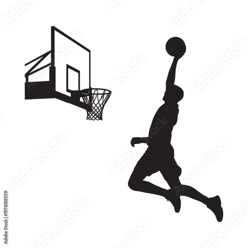 Silhouette of a basketball player in mid air about to dunk