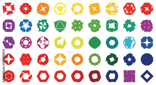 Diverse geometric shapes with varying colors and internal patterns in a grid layout Vector