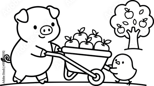 Black and white line art pig and chick carrying wheelbarrow with apples under tree