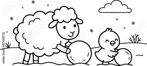 Sheep and chick rolling snowballs in winter landscape