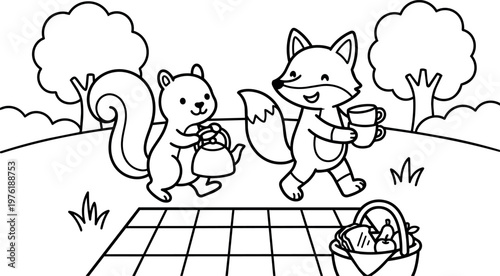 Black and white line art squirrel carrying teapot and fox holding cup at picnic
