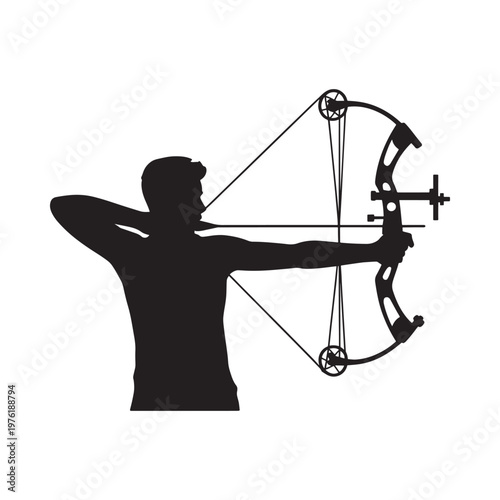 Silhouette of an archer drawing a modern compound bow focused and ready