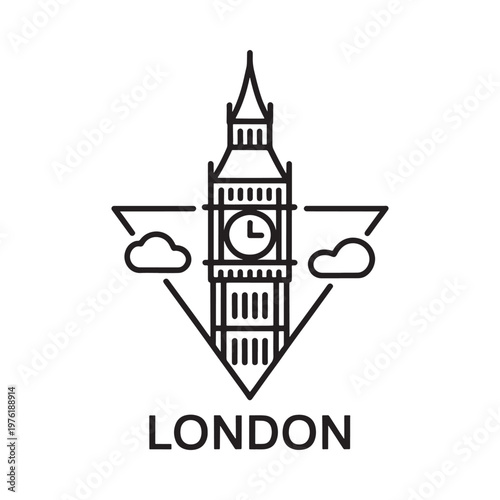 Minimalist line art illustration of big ben and clouds london landmark