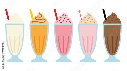 Milkshake drink glasses set colorful vector illustration.