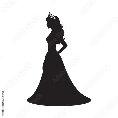 Elegant silhouette of a woman in a long evening gown and tiara