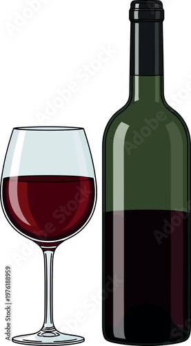 Vector illustration of a glass of red wine with wine bottle next to it, isolated on white background