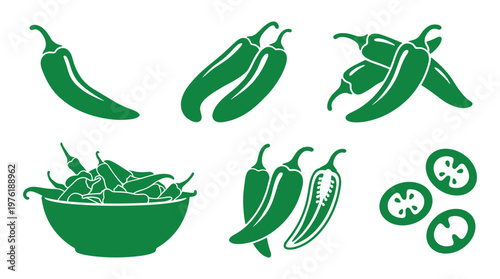 Green chili peppers icons set with spicy jalapeno and vegetable bowl.