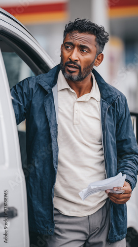 Man standing by an open vehicle door, conveying uncertainty, transport worries, rising fuel costs, and stressed everyday mobility for drivers.