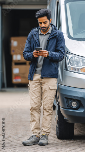 Man standing beside a vehicle and checking his phone, conveying budgeting, fuel planning, travel costs, and everyday financial caution today.