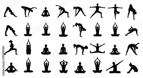 A collection of classic yoga poses illustrated in black and white silhouettes Vector