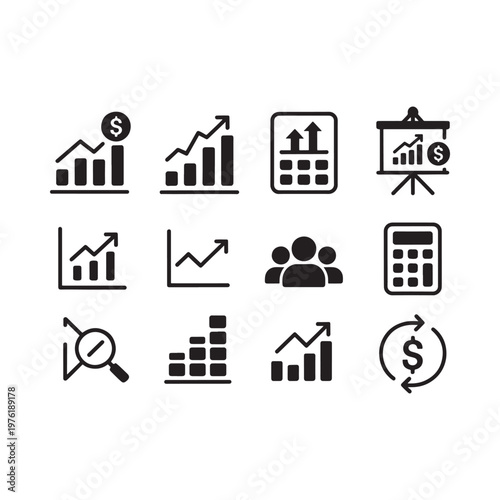 Black icons representing finance data analysis and business growth concepts