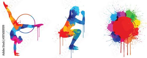 Colorful Gymnastics and Fitness Silhouette Illustration Set with Abstract Paint Splash Effects and Dynamic Movement for Sport and Creative Vector Design