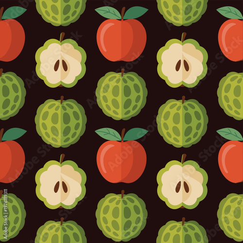 Seamless pattern with red apples and sugar apples on dark brown background.