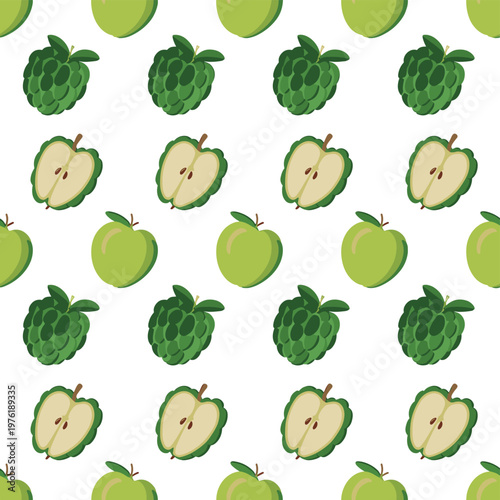 Seamless pattern with green apples and sugar apples on transparent background.