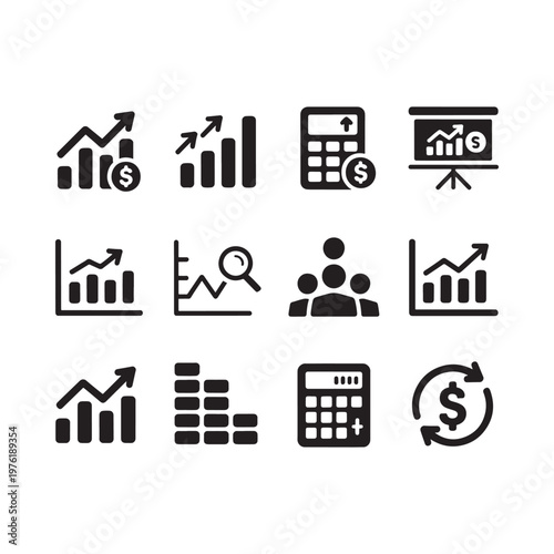 Black business and finance icons depicting growth data and analysis