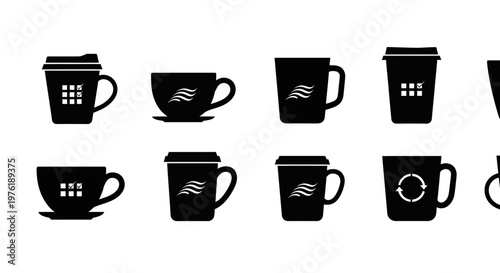 Coffee shop menu icons set featuring paper cups and ceramic mugs with check boxes and recycle symbols for cafe branding design collection black vector symbols
