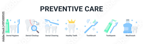 Preventive Care web banner icon vector illustration with icons of Dental Hygiene,Dental Checkup,Dental Cleaning,Healthy Teeth,Toothbrush,Toothpaste and Mouthwash