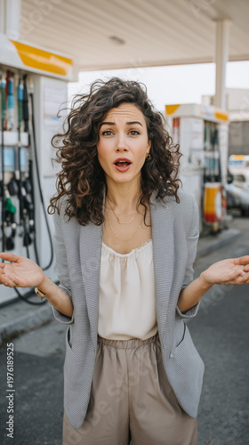 Surprised woman at a gas station with open hands, conveying disbelief, frustration, fuel-price shock, and financial pressure.