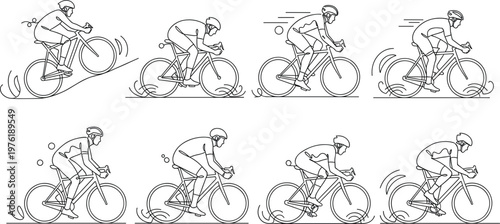 Cyclist Riding Bicycle Line Art Illustration Set with Speed Motion, Road Cycling Actions, Fitness Training and Outdoor Sport Vector Collection