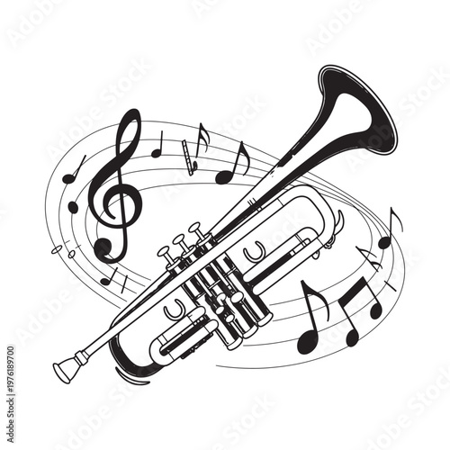 Black and white illustration of a trumpet with swirling musical notes