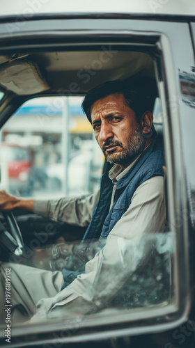 Worried man inside a car at a gas station, conveying tension, financial concern, and pressure around fuel expenses.