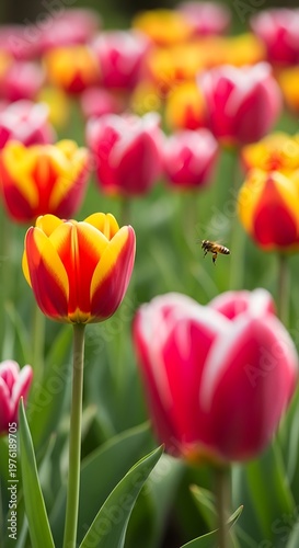Vibrant Red and Yellow Tulips in a Lush Garden with a Bee Flying By.