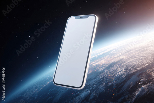 Mockup of a blank smartphone screen orbiting around Earth in outer space, global connectivity concept, futuristic technology, digital communication, high resolution, copy space