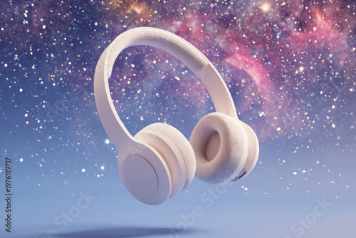 White headphones on a blue background with an overlay of a star-filled outer space sky, music concept, modern aesthetic, dreamy atmosphere, high resolution, copy space