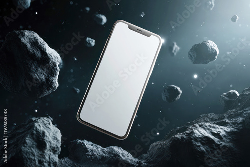 Mockup of a blank smartphone screen floating toward a bright light among asteroid fragments in outer space, futuristic concept, sci-fi scene, technology, high resolution, copy space